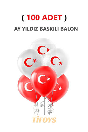 ( 100 Adet ) Ay Yıldız Baskılı Lateks Balon Kırmızı Beyaz
