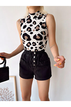 Kadın Ekru Kahve Desen Kolsuz Dik Yaka Kaşkorse Viskon Bluz