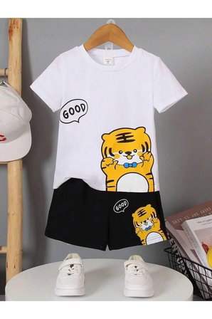 Yazlık Good Kedi Baskılı Erkek Kız Çocuk Siyah Şort, Beyaz T-Shirt Takım