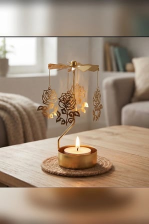 Kişiye Özel İsimli Dönen Mumluk Gül Figürlü Altın Metal Tealight Mum Tutucu Sevgiliye Hediye 15 cm