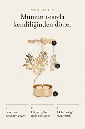 Kişiye Özel İsimli Dönen Mumluk Gül Figürlü Altın Metal Tealight Mum Tutucu Sevgiliye Hediye 15 cm