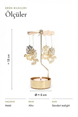 Kişiye Özel İsimli Dönen Mumluk Gül Figürlü Altın Metal Tealight Mum Tutucu Sevgiliye Hediye 15 cm