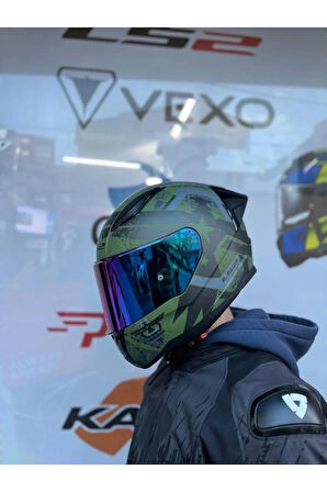 Rapıd 2 Thunder Bırds Mat Yeşil-siyah-gri Kask - Gökkuşağı Vizör - Spoiler