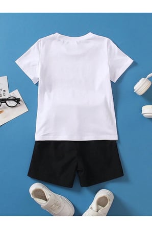 Baskılı Pamuklu Çocuk Takım Beyaz T-shirt Siyah Şort -