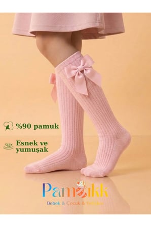 Kız Çocuk Pembe Saten Kurdeleli Fiyonklu Dizaltı Çorap - Pamuklu Okul Çorabı