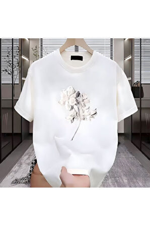 Beyaz Çiçek Baskılı Siyah Erkek Tshirt