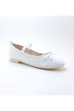 Kız Çocuk Ayakkabı lastikli Fiyonklu Babet Beyaz