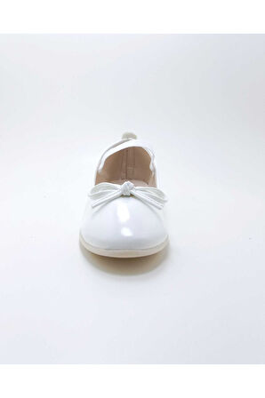 Kız Çocuk Ayakkabı lastikli Fiyonklu Babet Beyaz