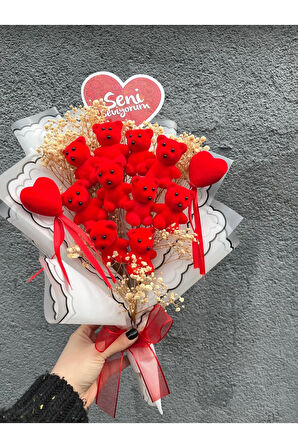 Kırmızı Ayıcık Buketi 6’lı Peluş Oyuncak Sevgililer Günü Hediyesi Romantik Çiçek Görünümlü