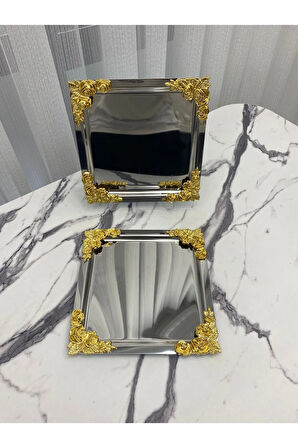 2'Li Lüx  4 köşesi Çiçekli Gümüş Kare  Kaplama Model çay.kahve.ikram servis Sunum Tepsisi 21x21