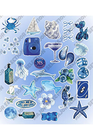 Aesthetic Blue Vintage Summer Mavi Rüya Sticker Seti Etiket Laptop Telefon Tablet