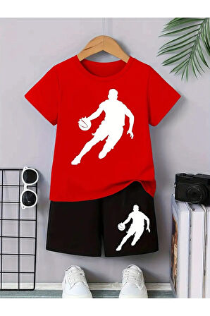Kız\Erkek Çocuk Beyaz-Siyah Basketbolcu Baskılı Penye Şort-Tshirt Takım