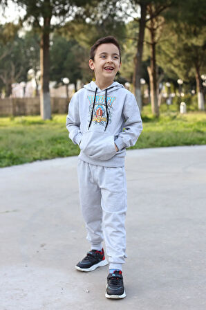Gri Kapşonlu Çocuk  Baskılı Eşofman Takımı Unisex