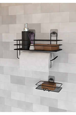 Güçlü Yapışkanlı Banyo Rafı Kağıt Havlu Tutacağı Ve Metal Sabunluk Set Düzenleyici