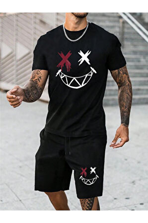 Siyah Erkek 2li Oversize Dragon Baskılı Pamuklu  Beast Mode Tişört ve Şort Takımı