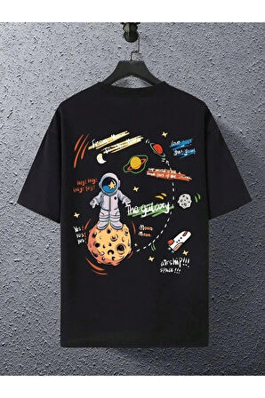 Unisex Siyah Arkası Gezegen Baskılı Oversize Bisiklet Yaka Tshirt