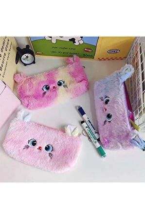 Süper Sevimli Kedi Figürlü Peluş Kalemlik Kalem Kutusu İthal