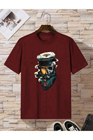 Unisex Siyah pipo Içen Denizci Kaptan Illustrasyon- Vip Tasarım Tshirt
