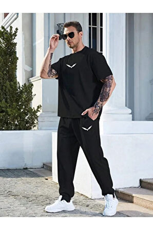 Wings T-shirt Eşofman Altı Jogger- Siyah Baskılı Alt Üst Eşofman Takım Oversize Bisiklet Yaka