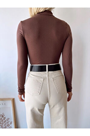 Kadın Kahverengi Dik Yaka Uzun Kol Viskon Bluz
