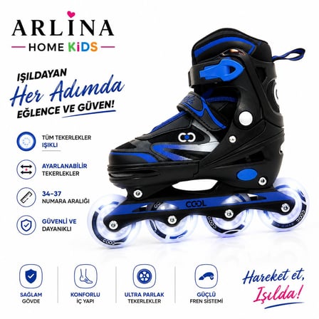 Arlina Home Kids Çocuk Paten Mavi 34-37 Led Işıklı Ayarlanabilir
