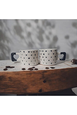 2 li Siyah Minik Kalpler Çizimli El Yapımı Doğal Seramik Kalp Kupa Bardak / Mug - Çay&Kahve Fincanı