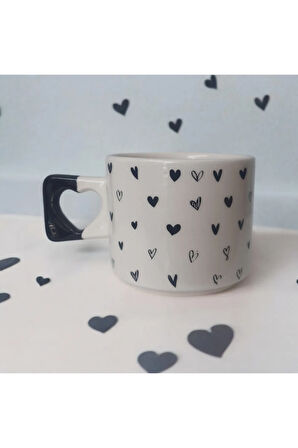 2 li Siyah Minik Kalpler Çizimli El Yapımı Doğal Seramik Kalp Kupa Bardak / Mug - Çay&Kahve Fincanı