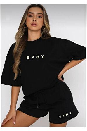 Kadın Siyah Baby Baskılı Alt Üst Şort T-shirt Takım