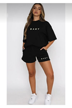 Kadın Siyah Baby Baskılı Alt Üst Şort T-shirt Takım