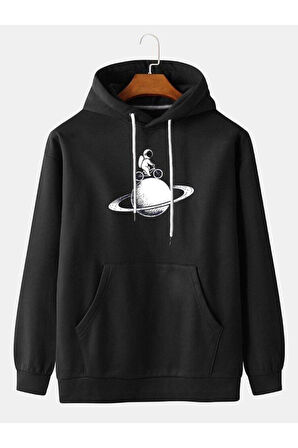 Unisex Siyah Astronot Baskılı  Hoodie Sweatshirt