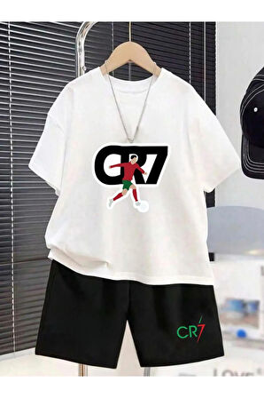 Unisex Çocuk Tasarım Cr7 Ronaldo Baskılı %100 Pamuk T-Shirt Şort Alt Üst Takım