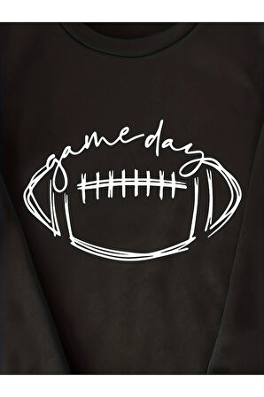 Kadın Game Day Baskılı Yuvarlak Yaka Siyah Sweatshirt