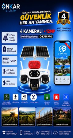 OKAM PRO PREMİUM 337S 4 KAMERALI 7/24 KAYIT SİM KARTLI GÜNEŞ ENERJİLİ GÜVENLİK KAMERASI