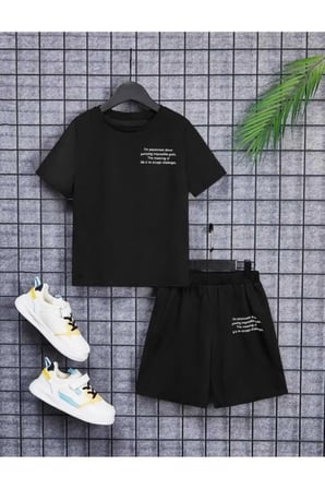 Erkek/Kız Çocuk Yazı Baskılı Siyah Tshirt Şort Takım