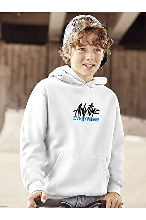 Kapüşonlu İçi Polar Any Time Every Where Baskılı Beyaz Unisex Hoodie Çocuk Sweatshirt