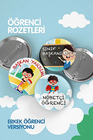 Öğrenci Rozet Seti- Sınıf Başkanı- İğneli Buton Rozet Seti -Broş - Yaka - Çanta Rozet. 3 Adet