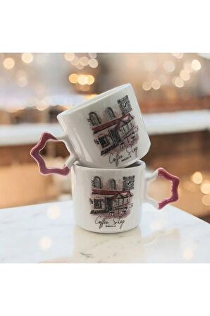 2 Li Coffee Shop Ambians Müziği Kare Kodlu El Yapımı Doğal Seramik Yıldız Kupa Bardak Seti
