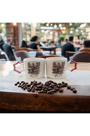 2 Li Coffee Shop Ambians Müziği Kare Kodlu El Yapımı Doğal Seramik Yıldız Kupa Bardak Seti