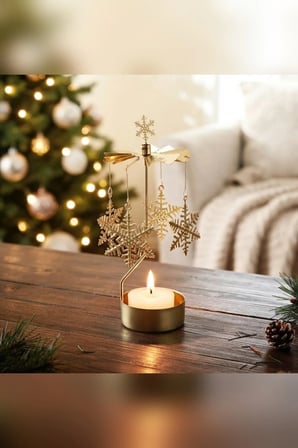 Kişiye Özel İsimli Dönen Mumluk Büyük Kar Tanesi Figürlü Altın Metal Tealight Mum Tutucu 18 cm