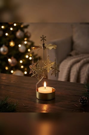 Kişiye Özel İsimli Dönen Mumluk Büyük Kar Tanesi Figürlü Altın Metal Tealight Mum Tutucu 18 cm