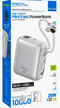 ACL PW 146 10000 mAh Mini Powerbank Dahili USB-C Kablolu 20W Hızlı Şarj Güç Bankası