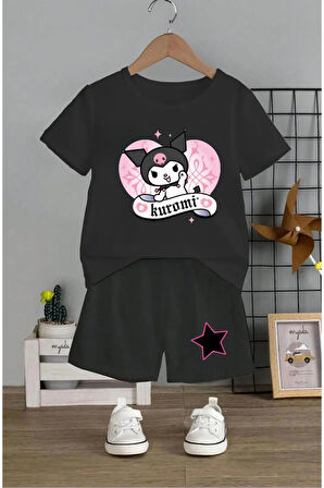 Çocuk Tasarım Kuromi Baskılı T-Shirt Şort Alt Üst Takım
