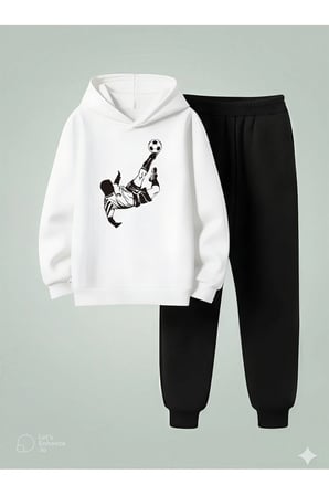Kapüşonlu Erkek Çocuk Takım FULBOLCU Baskılı 3 İplik Şardonlu Sweatshirt - Eşofman Takım