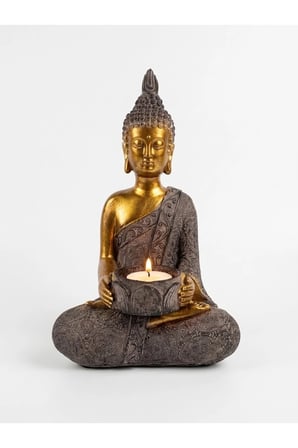 Buda Heykeli Mumluk Altın Gri Reçine Tealight Mum Tutuculu Dekoratif Meditasyon Biblosu 26 cm