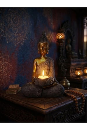 Buda Heykeli Mumluk Altın Gri Reçine Tealight Mum Tutuculu Dekoratif Meditasyon Biblosu 26 cm