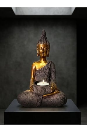 Buda Heykeli Mumluk Altın Gri Reçine Tealight Mum Tutuculu Dekoratif Meditasyon Biblosu 26 cm
