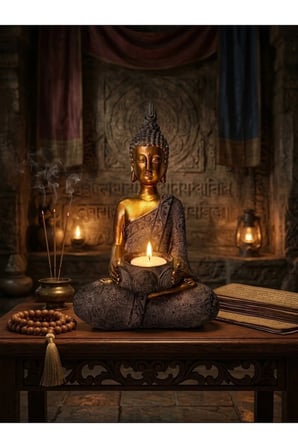 Buda Heykeli Mumluk Altın Gri Reçine Tealight Mum Tutuculu Dekoratif Meditasyon Biblosu 26 cm
