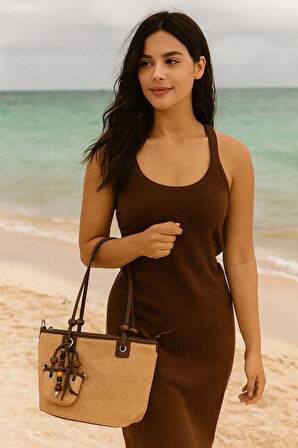 Hasır Çanta – Renkli Boncuklu Mini Çanta Hediyeli (Deri Detaylı)