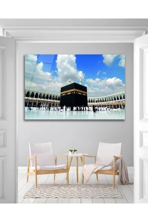 Kabe Mekke Mescid-i Haram İslami Dini Cam Tablo Modern Ev Ofis Salon Duvar Oda Hediyelik