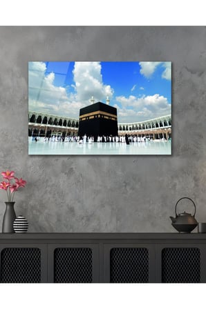 Kabe Mekke Mescid-i Haram İslami Dini Cam Tablo Modern Ev Ofis Salon Duvar Oda Hediyelik